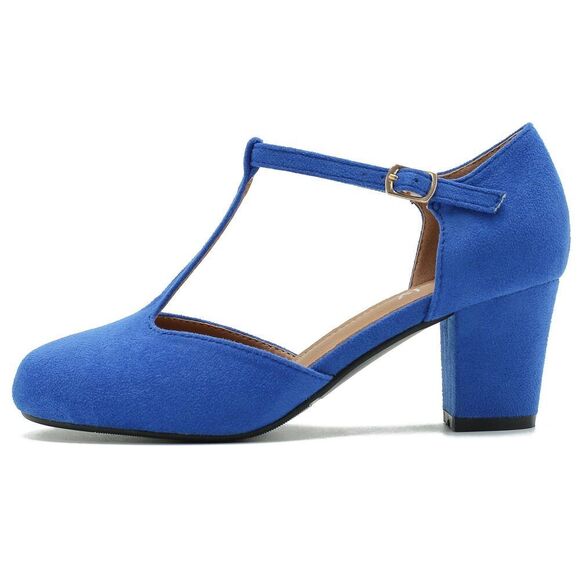 Womens T Strap Mary Jane Shoes Chunky Block Heel Ankle Strap Buckle Dress Pumps - Picture 6 of 7